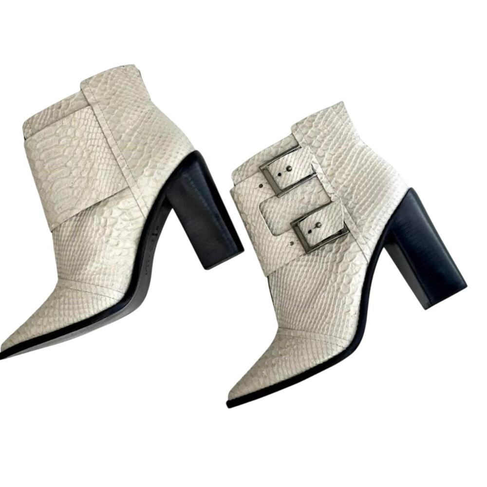 TIBI Women’s Off White Snakeskin Leather Ankle Zip Buckle Boots  39 (USA 8-8.5)